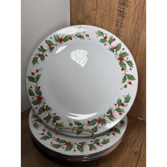 China Pearl Other - 4 China Pearl Noel Holly & Berries Dinner Plates Gold Edge Holiday Christmas